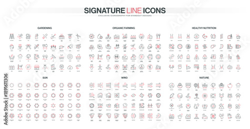 Comprehensive set of line icons covering gardening, organic farming, healthy nutrition, sun, wind, and nature themes, ideal for eco, food, and environment topics isolated vector illustration
