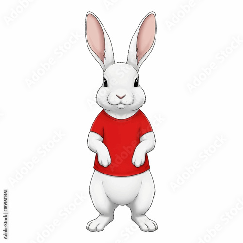 Cute White Rabbit Wearing a Red T-Shirt Standing Upright.