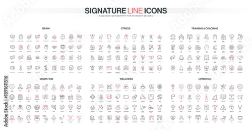 Collection of thin line icons covering brain, stress, training, migration, wellness, and Christian themes, designed in minimal red and black style, isolated vector illustration
