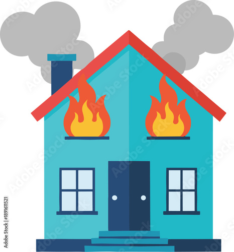House on fire emergency illustration with burning flames smoke and damaged building concept isolated on white background