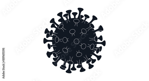 A dark circular form resembling a virus with numerous protrusions is presented against a plain white background silhouette high quality