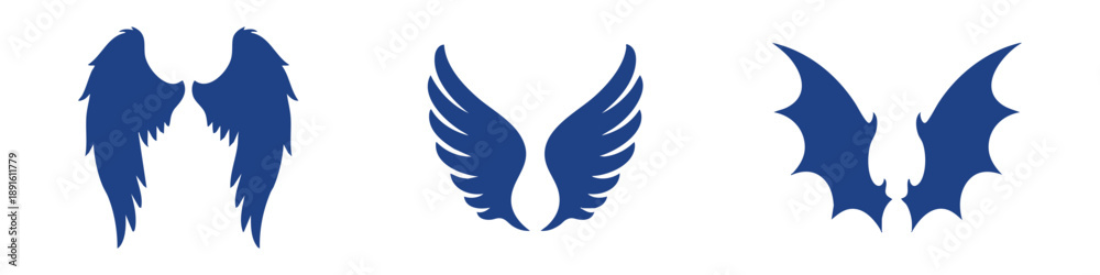 Obraz premium Powerful wings icon set in bold silhouette style. Ideal for logos, fantasy, angel or dark themes, tattoos, emblems, and creative branding. Available in black, blue, and light blue colors