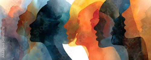 Wallpaper Mural Abstract watercolor collage of diverse silhouettes in profile, celebrating unity and human connection Torontodigital.ca