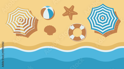 Beach accessories top down view, summer holiday objects on sand by ocean waves, vector illustration