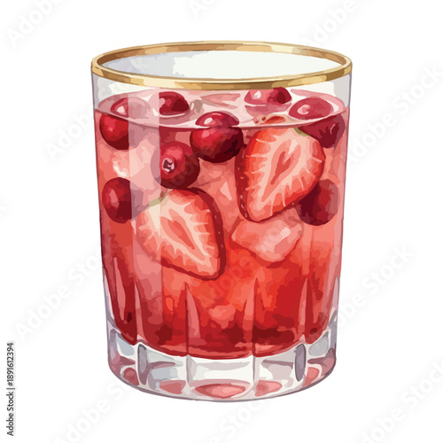 Festive berry mocktail with strawberry and cranberry, vector isolated on white