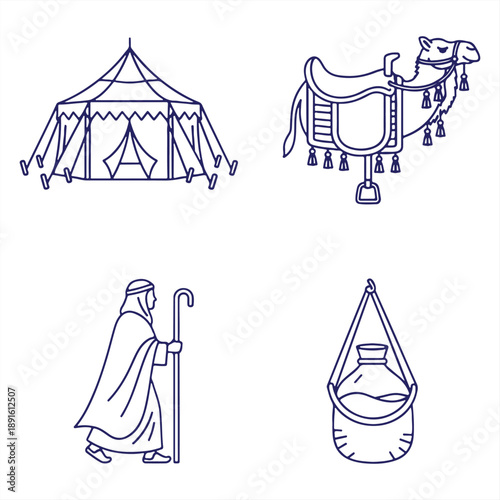 A traditional desert scene with a tent, camel, shepherd, and hanging water jug