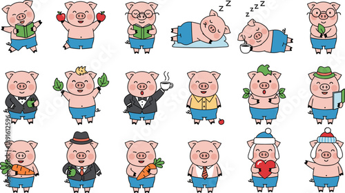 Cute cartoon pig character set with different poses emotions activities and outfits funny animal illustration isolated on white background