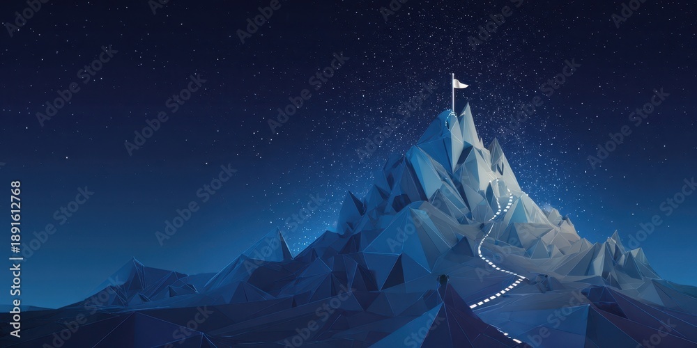 Obraz premium The mountain peak with a flag and illuminated path under a starry night sky
