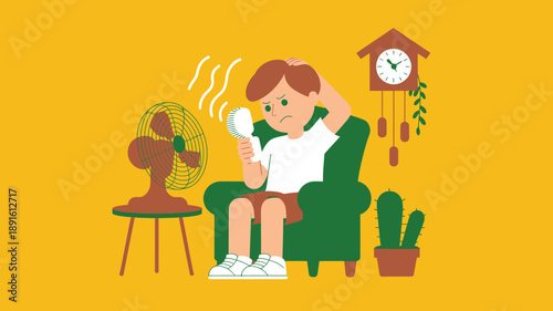 Boy experiencing heatwave discomfort indoors with a fan and a small brush on yellow background