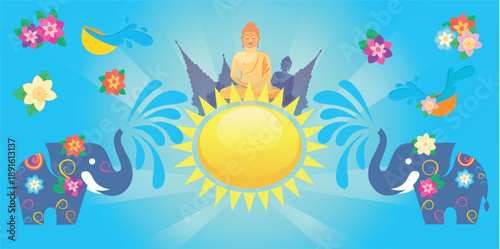 Songkran Thailand Water Festival Background with Elephants, Buddha and Water Splash Vector Illustration
