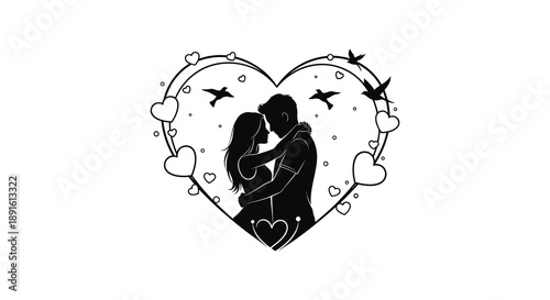 A romantic couple embraces within a decorative heart shape adorned with birds and subtle floral accents silhouette high quality professional