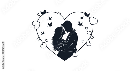 A romantic couple embraces within a heart shaped frame adorned with birds and smaller hearts a striking silhouette high quality professional
