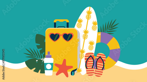 Colorful beach vacation essentials flat illustration with luggage, surfboard, and summer accessories on sand