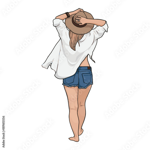 Stylized Back View of Casual Blonde Character in Summer Outfit