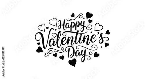 A decorative black calligraphy design spells out happy valentine s day surrounded by heart shapes a lovely silhouette high quality professional