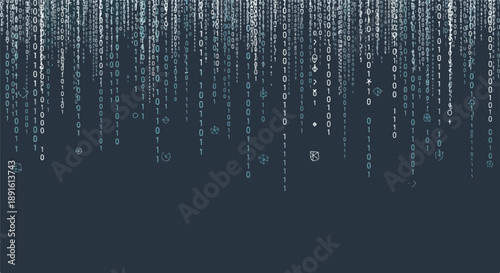 Abstract digital rain of binary code falling against a dark blue background, representing technology and data