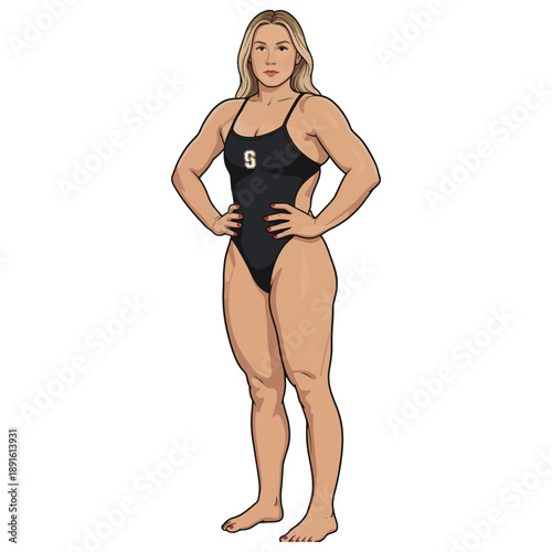 Confident Athlete in Black Swimsuit Power Pose