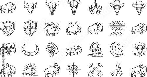 Collection of 25 unique black and white line drawings of shields animals and symbolic objects