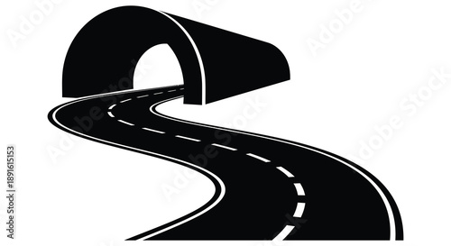 A winding road leads through a dark tunnel entrance presented as a striking black graphic silhouette high quality professional detailed