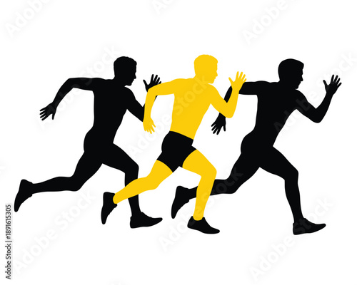 Three athletes running in a competitive sprint with one highlighted in yellow