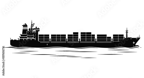 A stark black silhouette of a large container ship sailing on water showcasing maritime transport and global trade silhouette