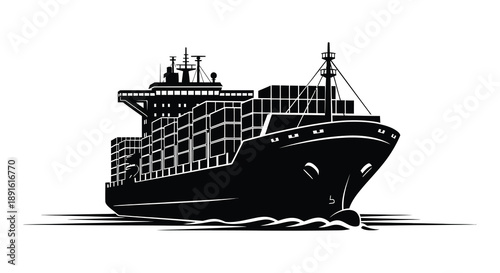 A detailed black and white illustration of a large cargo ship sailing on water showcasing a striking silhouette high quality professional modern