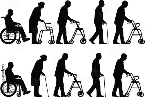Black silhouette of elderly people set with disabled senior citizens using wheelchair and walker, CAD drawing flat vector illustration, isolated on white background