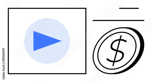 Media monetization, streaming services, online earnings, marketing, video content, digital economy. A play button next to a dollar coin. Media monetization and streaming services concept