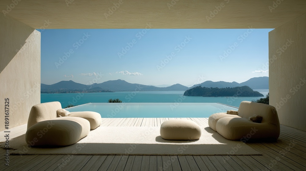 Obraz premium Modern living space with pool overlooking ocean and islands on a sunny day