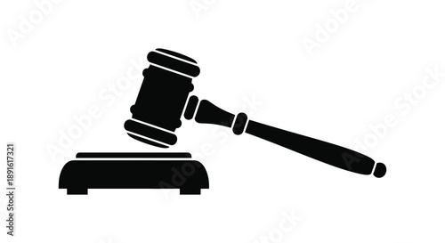 A striking black silhouette depicts a traditional gavel resting on its sound block symbolizing law and judicial proceedings silhouette