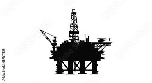 A stark depiction of an offshore oil rig and accompanying helicopter rendered as a bold dramatic silhouette high quality professional