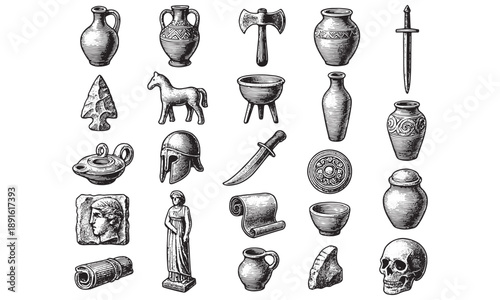 Vintage Ancient Artifacts and Historical Objects Illustration