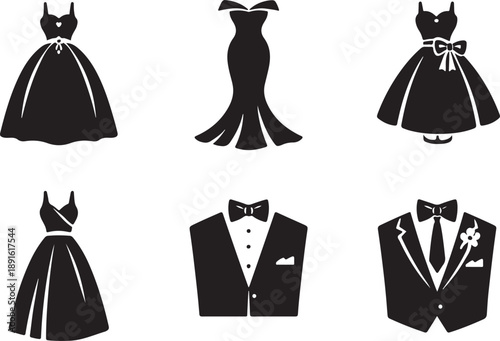 Elegant formal wear collection featuring a variety of dresses and suits for special occasions isolated on white background, illustration