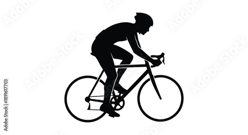 A dynamic depiction of a cyclist in motion leaning forward while riding a road bike presented as a silhouette