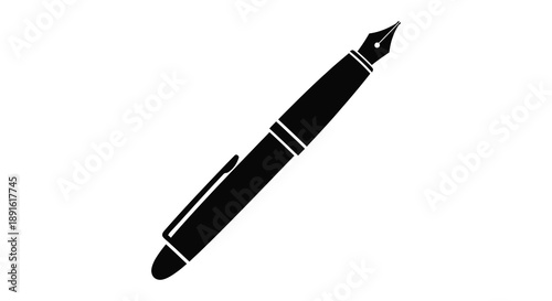A striking black fountain pen is depicted in a clean minimalist style against a white background creating a bold silhouette