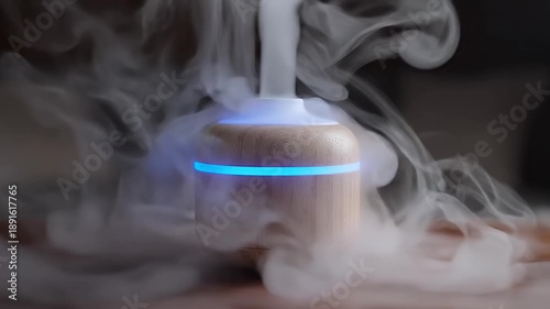 Wood Grain Humidifier with Blue Light - A wood-grain humidifier sits on a surface with visible steam rising from the top. The device emits a soft blue light around its center and upper section.