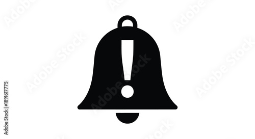 A stark black silhouette depicts a classic bell shape with an exclamation point inside signaling an alert or notification silhouette