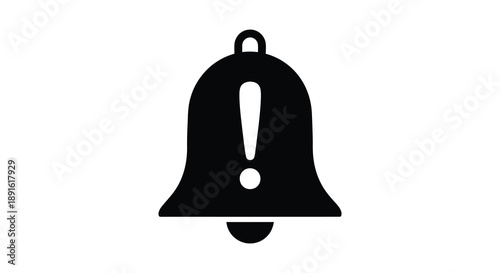 A striking black silhouette depicts a classic bell shape with a prominent exclamation point inside symbolizing alert high quality professional