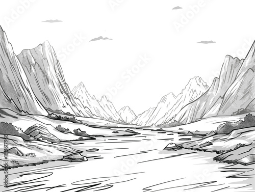 white background, Gentle river flowing through a peaceful valley - isolate on a valley background., drawings in pencil easy, very simple and isolate in the style of animated illustrations