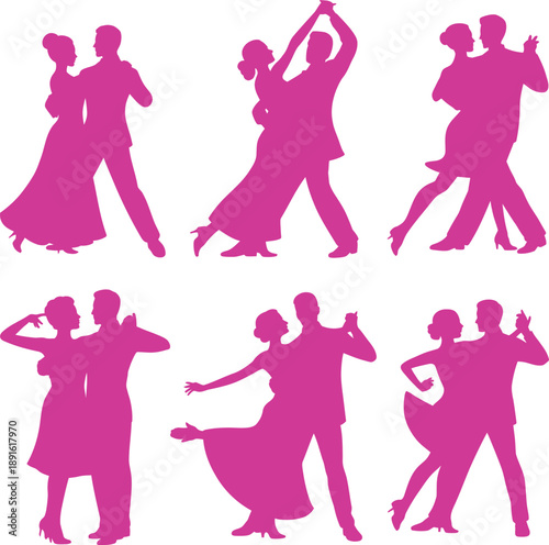 Couple six dancing silhouette on white background