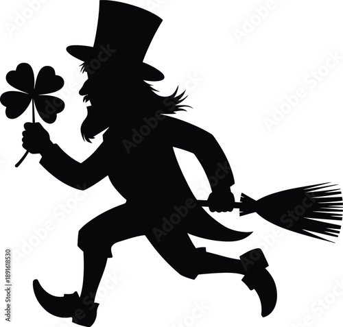 Running leprechaun with shamrock on white background