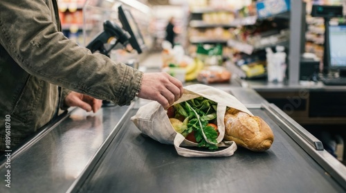 Person placing a reusable fabric bag filled with fresh groceries and bread onto a supermarket checkout conveyor belt