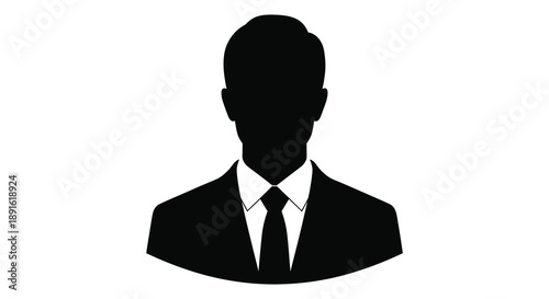 A stark black silhouette depicts a man in a suit and tie presenting a formal and anonymous figure silhouette
