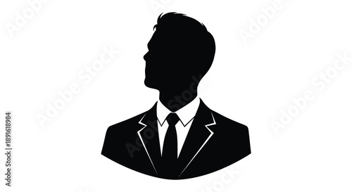 A stark black silhouette depicts a formally dressed man with a tie and suit jacket presenting a classic profile silhouette