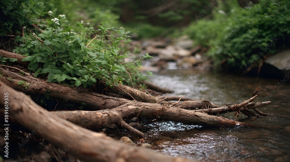 Fototapeta premium Fallen tree branches rest by the bank of a flowing forest stream surrounded by lush green vegetation and natural elements