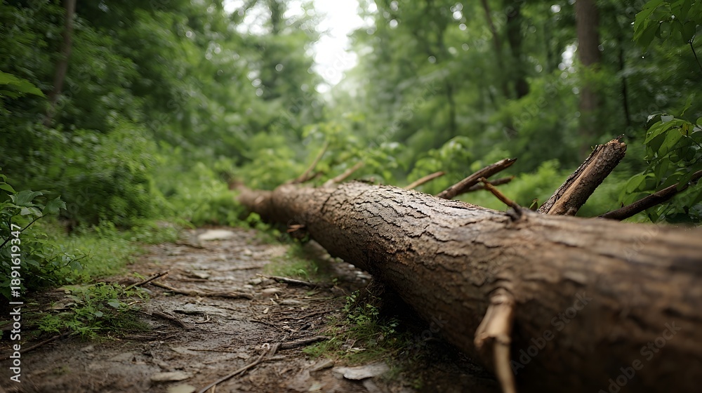 Fototapeta premium A fallen tree trunk lies across a wet overgrown forest path blocking the way