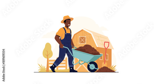 Farmer pushing wheelbarrow with soil near barn vector illustration