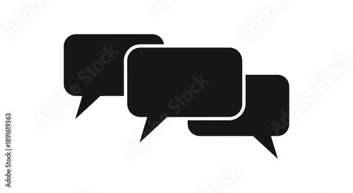 A minimalist composition of three overlapping black speech bubbles against a white background creating a striking silhouette high quality professional