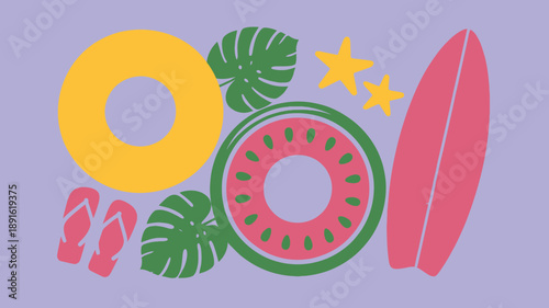 Colorful summer pool party flat lay illustration with inflatable rings, flip flops, and surfboard