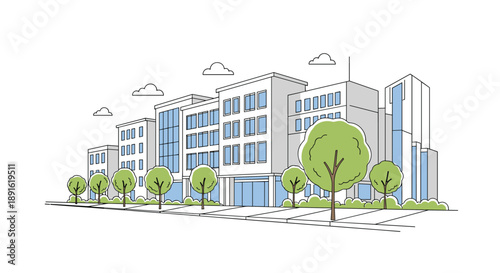 Modern city street illustration with office buildings and green trees